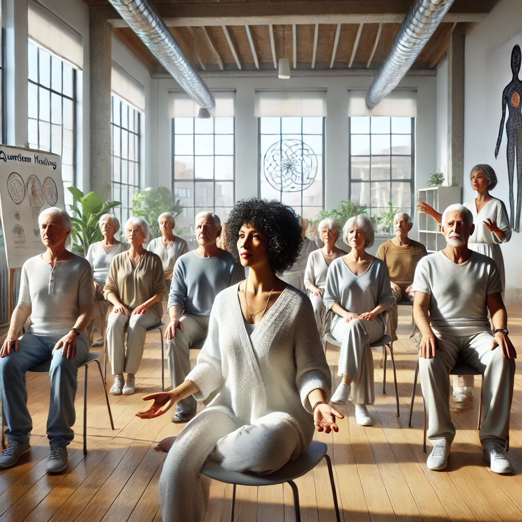 DALL·E 2025-03-04 21.44.16 - A hyper-realistic, lifelike photograph of a diverse group of senior citizens in a quantum healing class, seated in a bright, modern classroom. The sen