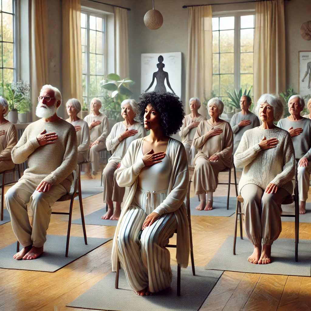 DALL·E 2025-03-04 21.48.55 - A hyper-realistic, lifelike photograph of a diverse group of senior citizens participating in a seated yoga class. The seniors, dressed in comfortable