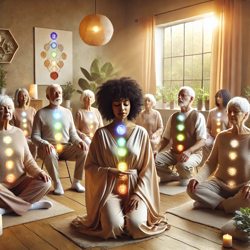 DALL·E 2025-03-04 21.50.52 - A hyper-realistic, lifelike photograph of a diverse group of senior citizens in a deeply relaxing chakra-balancing meditation session. The seniors, dr