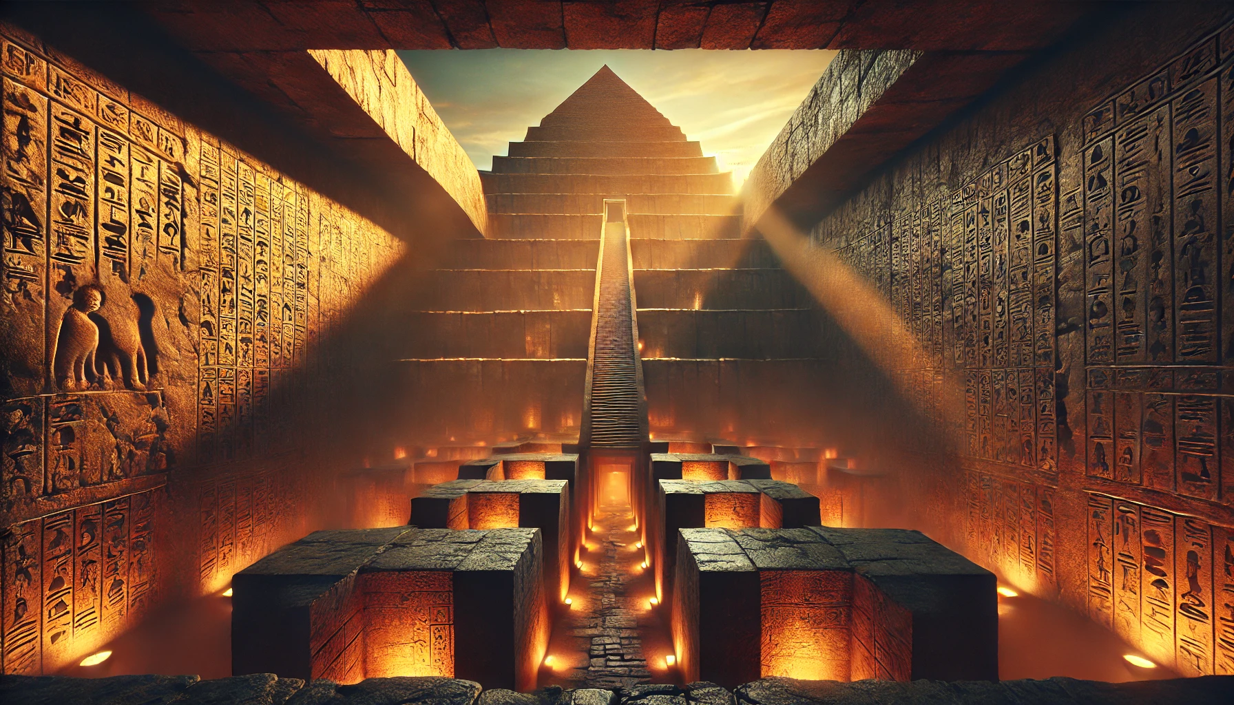 DALL·E 2025-03-23 16.54.51 - A digital painting of an ancient pyramid, constructed from massive stone blocks, towering above a mysterious staircase that descends beneath it. The p