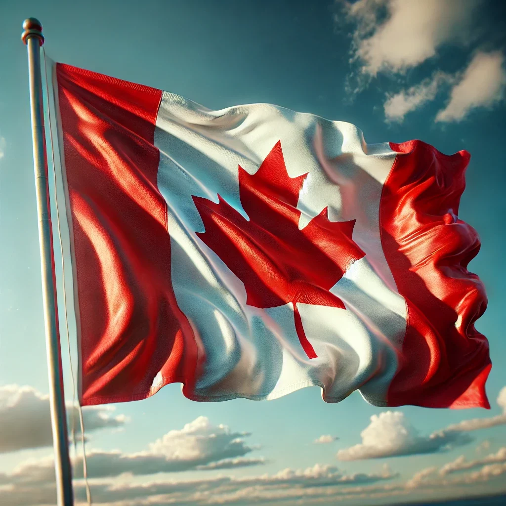 DALL·E 2025-02-07 12.06.24 - A high-quality image of the Canadian flag waving in the wind. The flag features a red maple leaf in the center, with red vertical stripes on both side