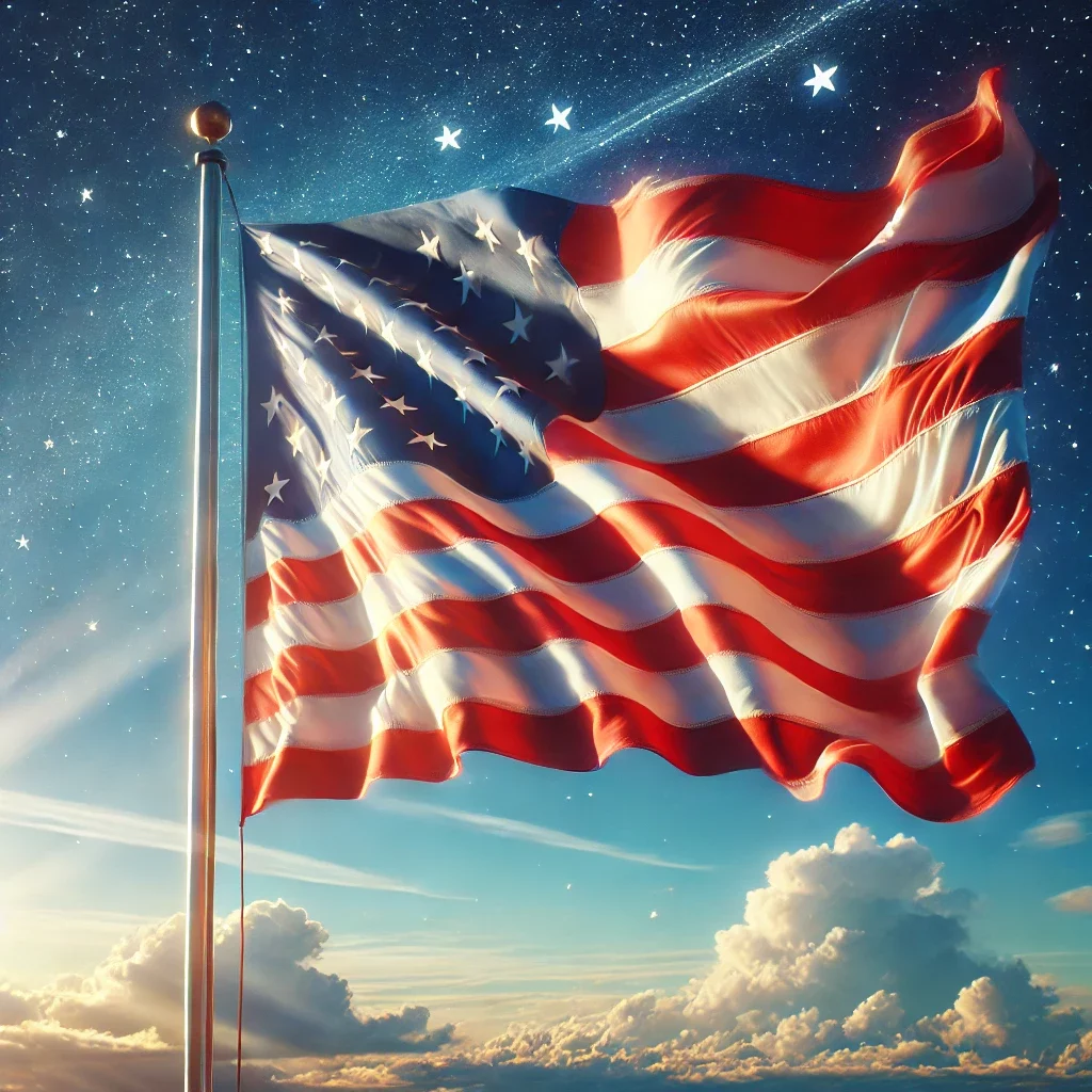 DALL·E 2025-02-07 12.07.40 - A high-quality image of the United States flag waving in the wind. The flag features thirteen red and white stripes and a blue field with fifty white