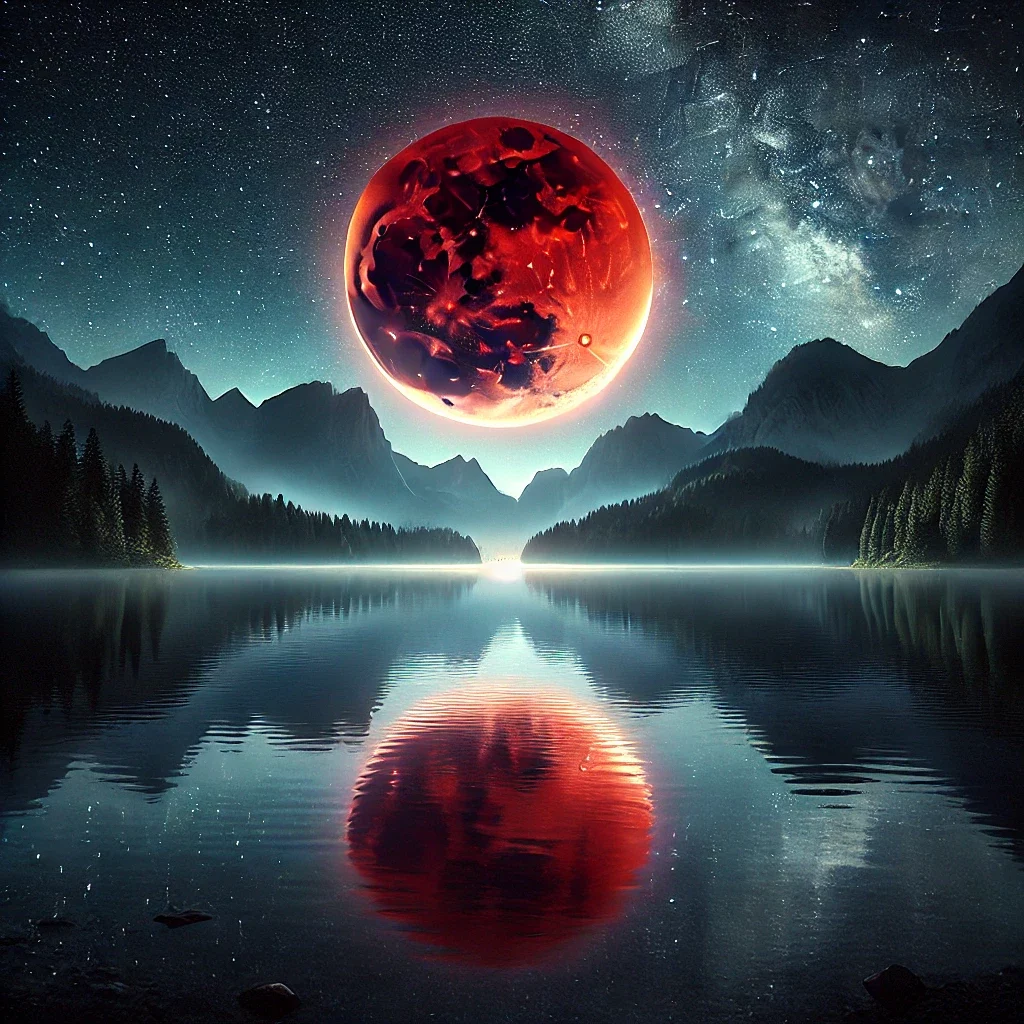 DALL·E 2025-03-12 09.28.18 - A breathtaking digital painting of a blood moon eclipse over a still lake, surrounded by majestic mountains. The deep red moon is partially covered by